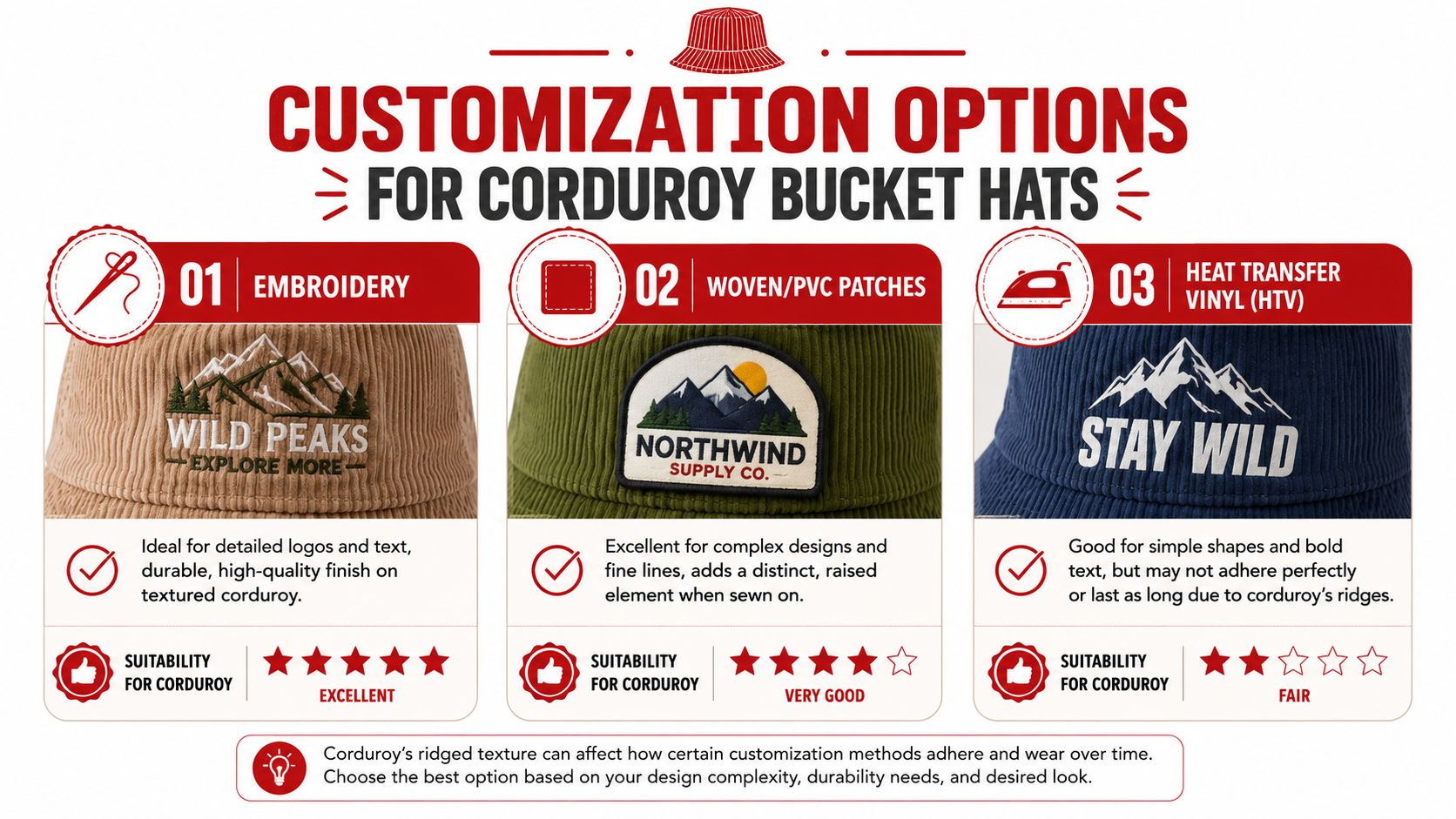 A graphic showing three customization options for corduroy bucket hats including embroidery, woven patches, and heat transfer vinyl.