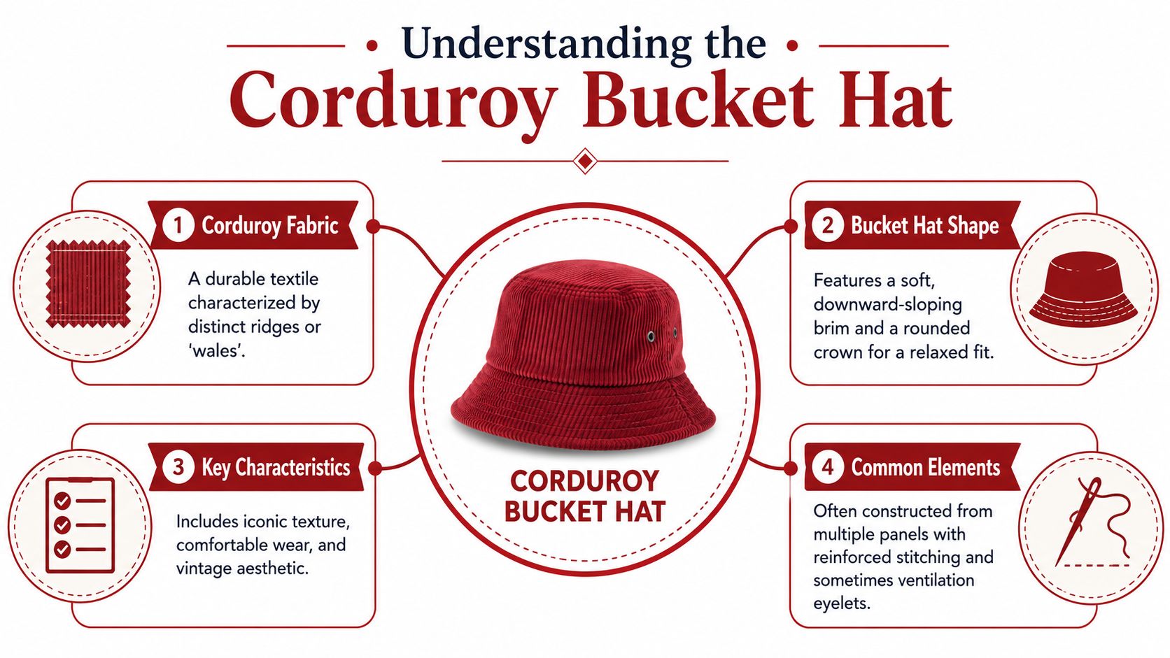 An infographic detailing the features and construction of a red corduroy bucket hat with four descriptive panels.