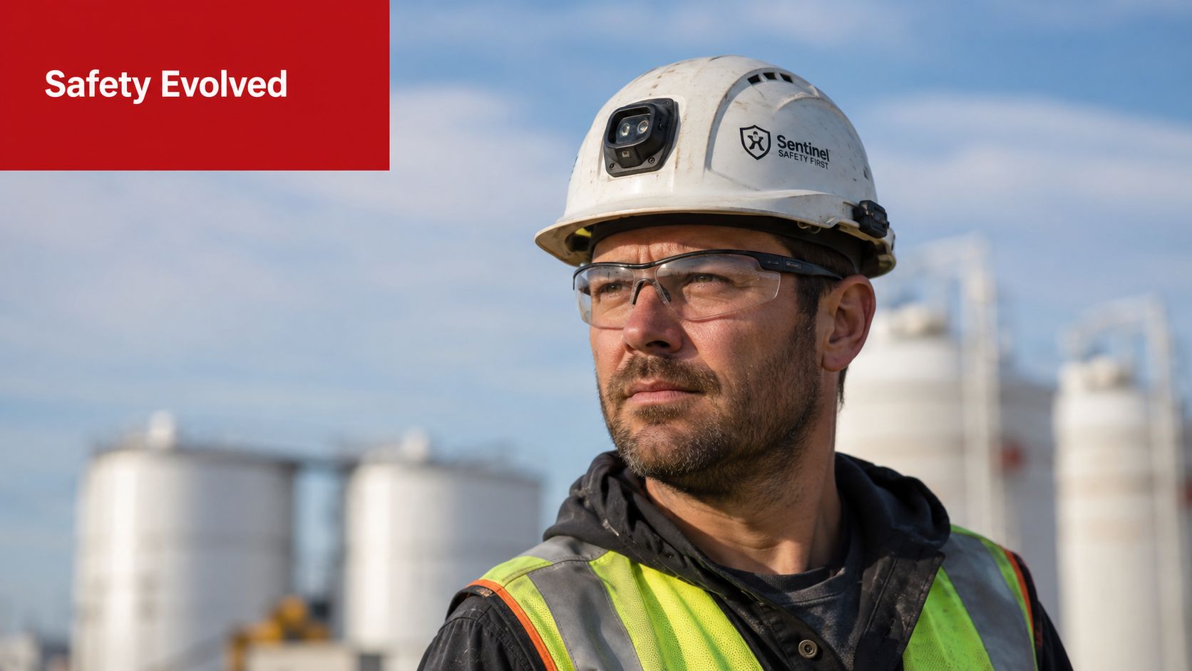 A construction worker wearing a white hard hat with the Sentinel Safety First logo while working outdoors.