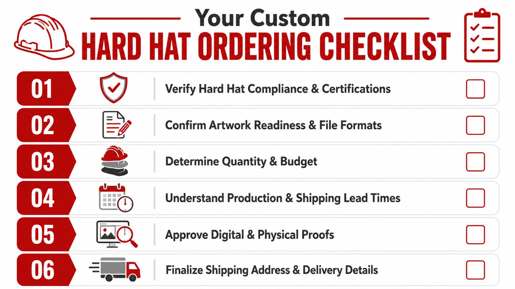An informative infographic titled Custom Hard Hat Ordering Checklist detailing six essential steps for ordering branded headwear.