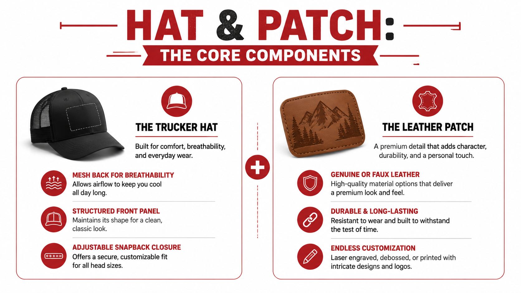 An infographic detailing the core components of custom trucker hats featuring high-quality leather patches.