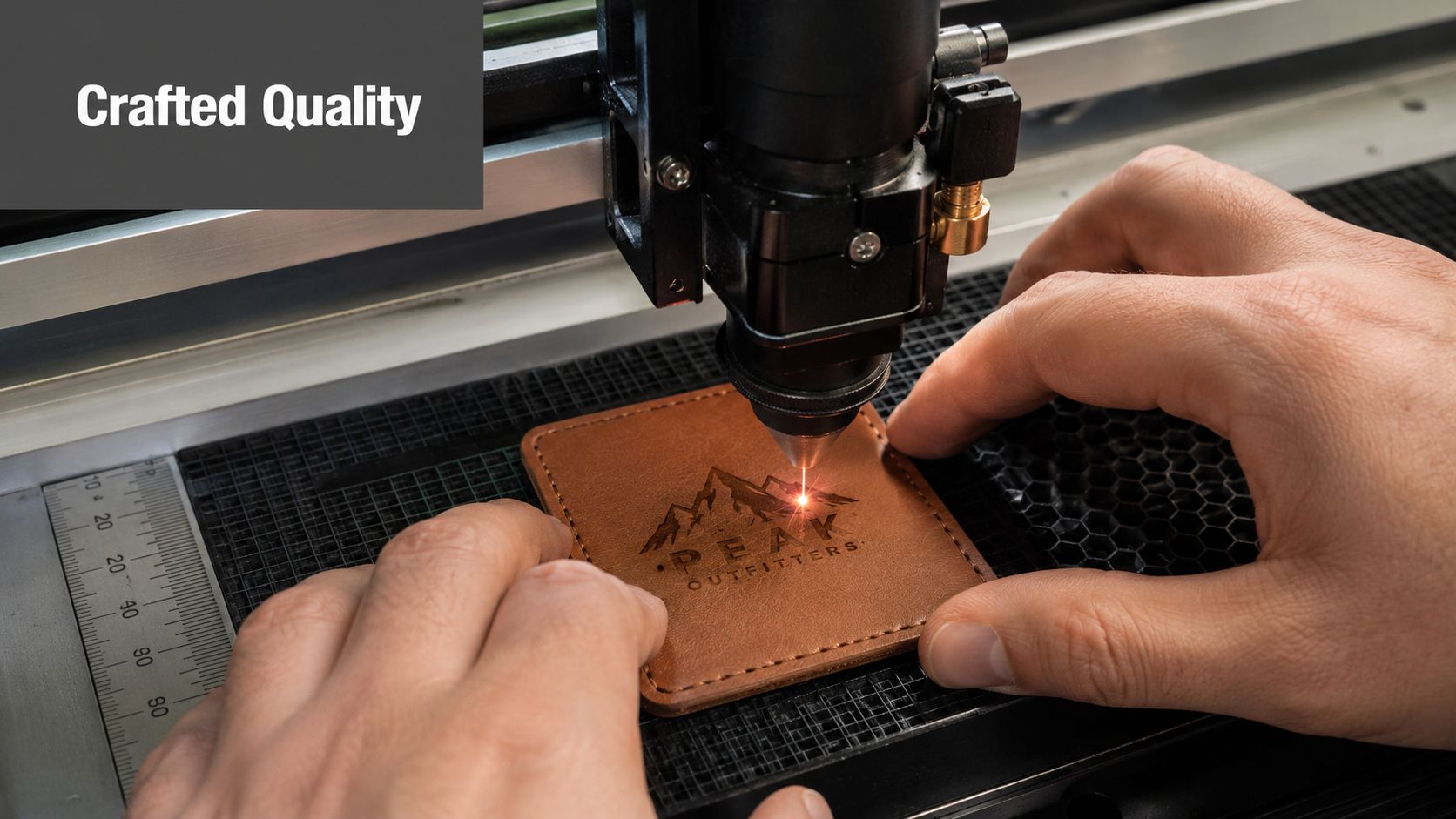 A close-up view of a laser engraver marking a Peak Outfitters leather patch with mountain logo.