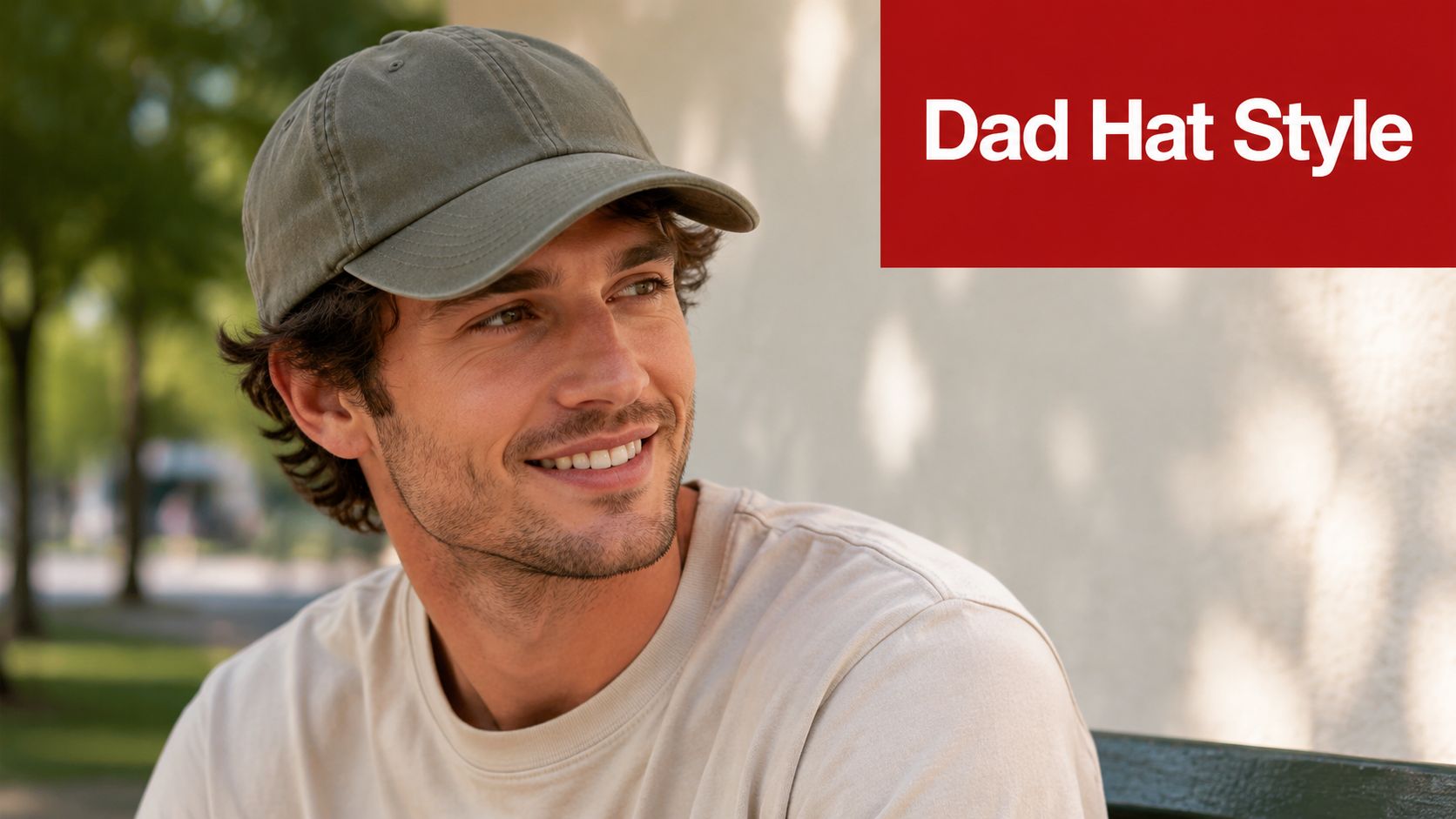 A smiling man wearing a plain green dad hat and a beige t-shirt outdoors.