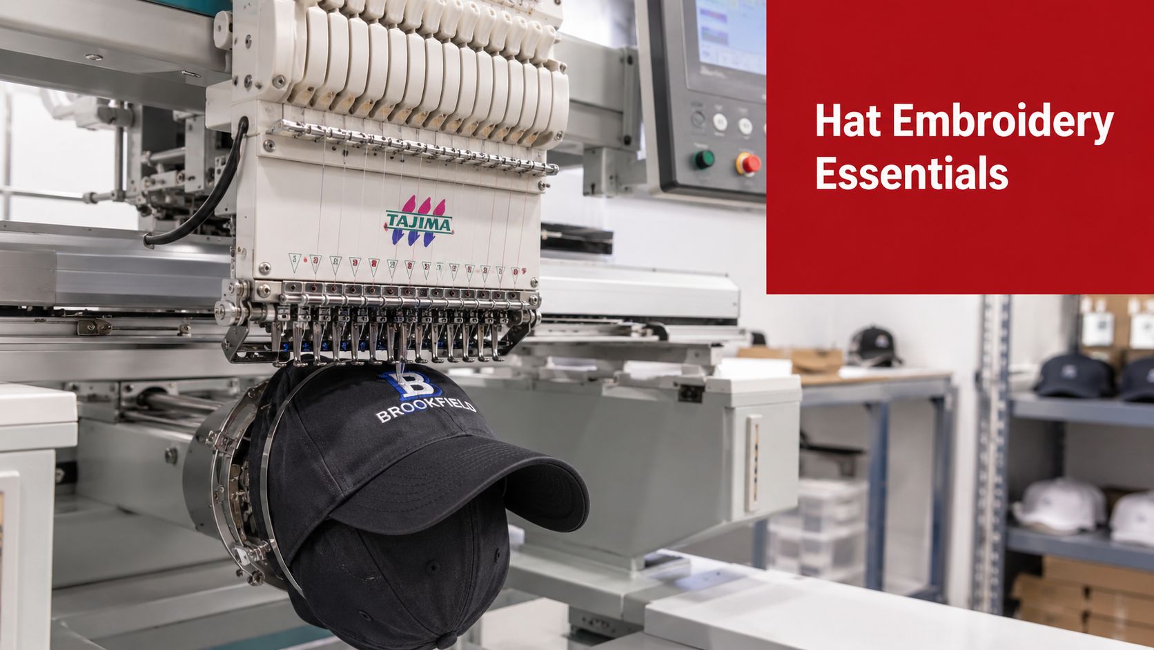 A professional Tajima embroidery machine stitching a logo onto a black baseball cap in a workshop.