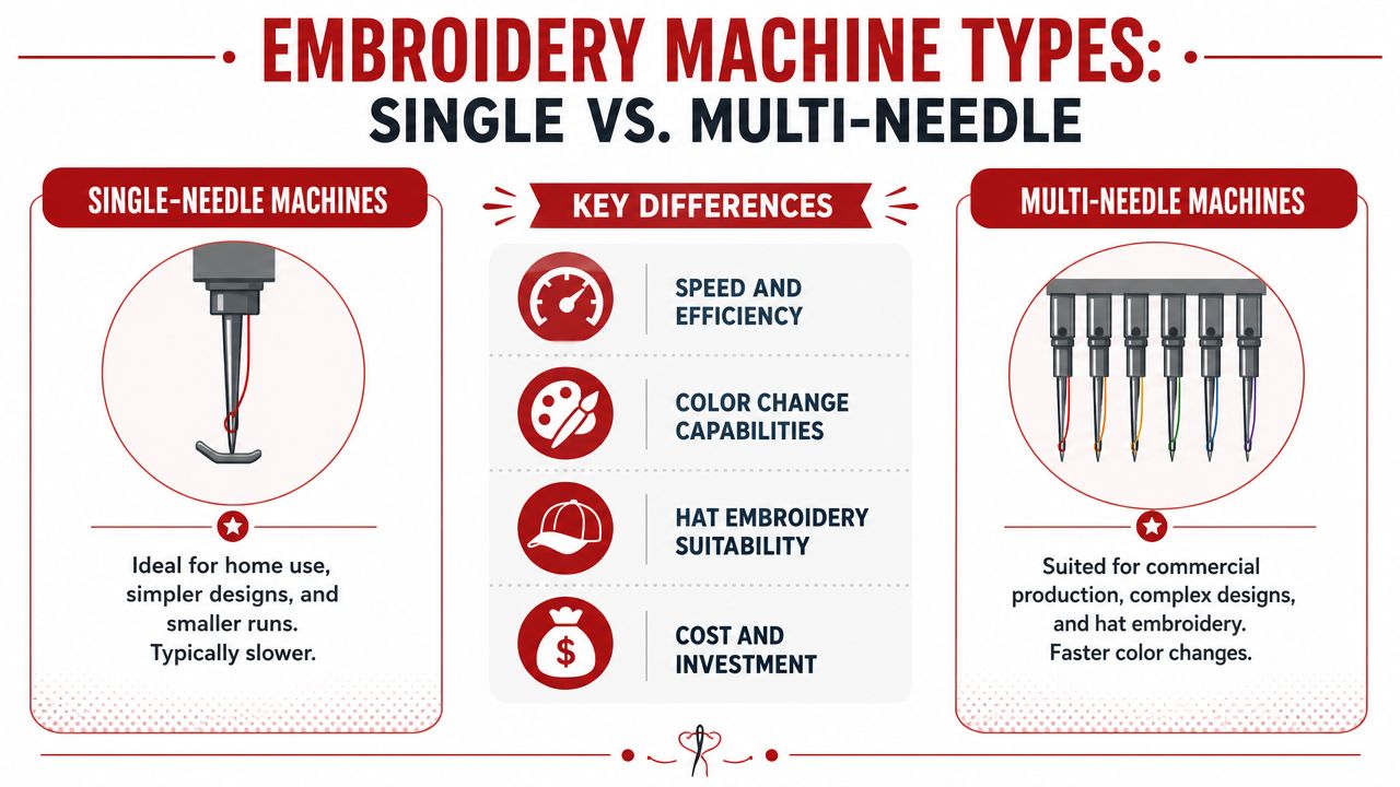 A comparison chart showing the differences between single-needle and multi-needle embroidery machines for industrial and home use.