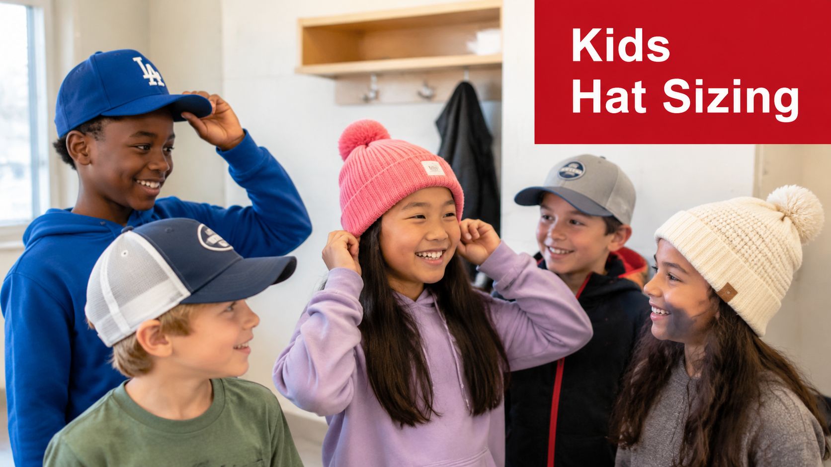 A diverse group of happy children trying on various hats in an indoor setting.