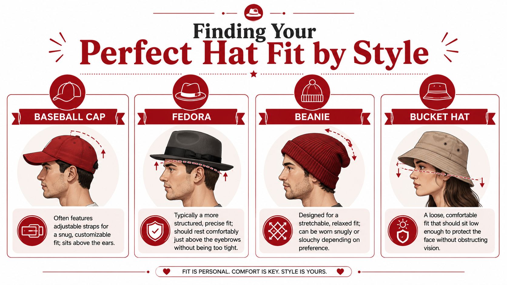 An infographic showing four common hat styles and providing tips on how to achieve the perfect fit.