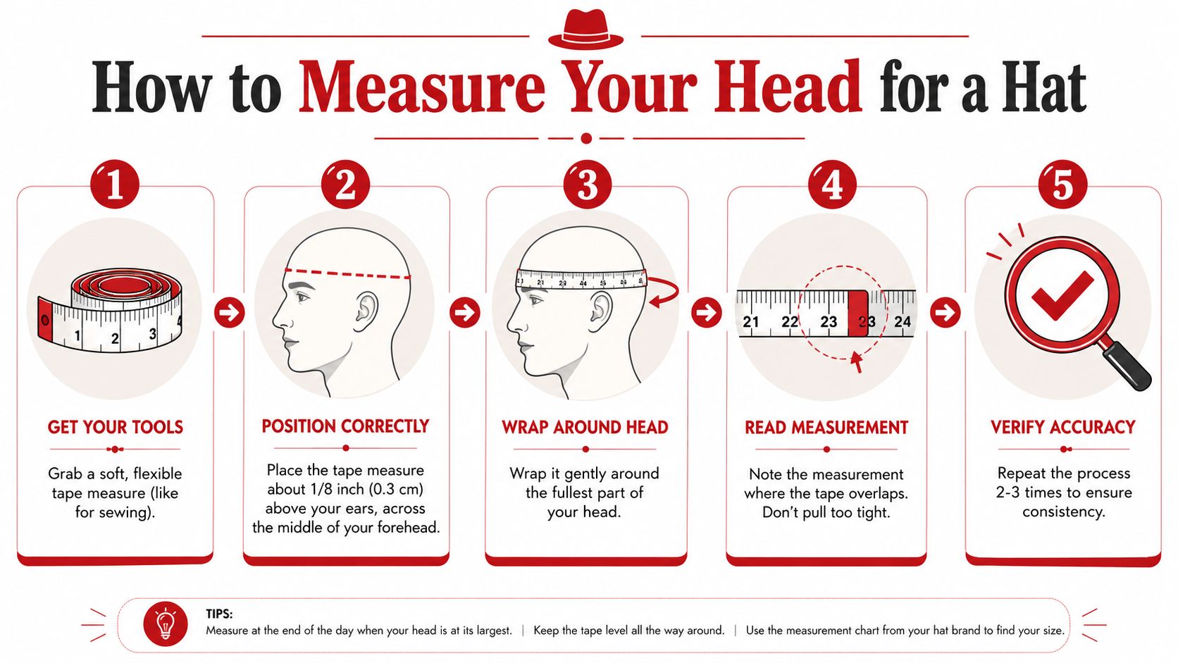 An instructional graphic showing five simple steps to accurately measure your head for a hat size.