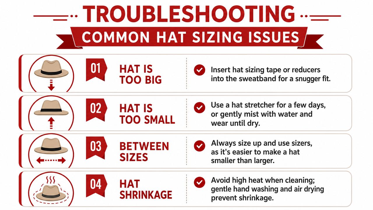 A troubleshooting guide showing four common hat sizing issues and how to fix them effectively.