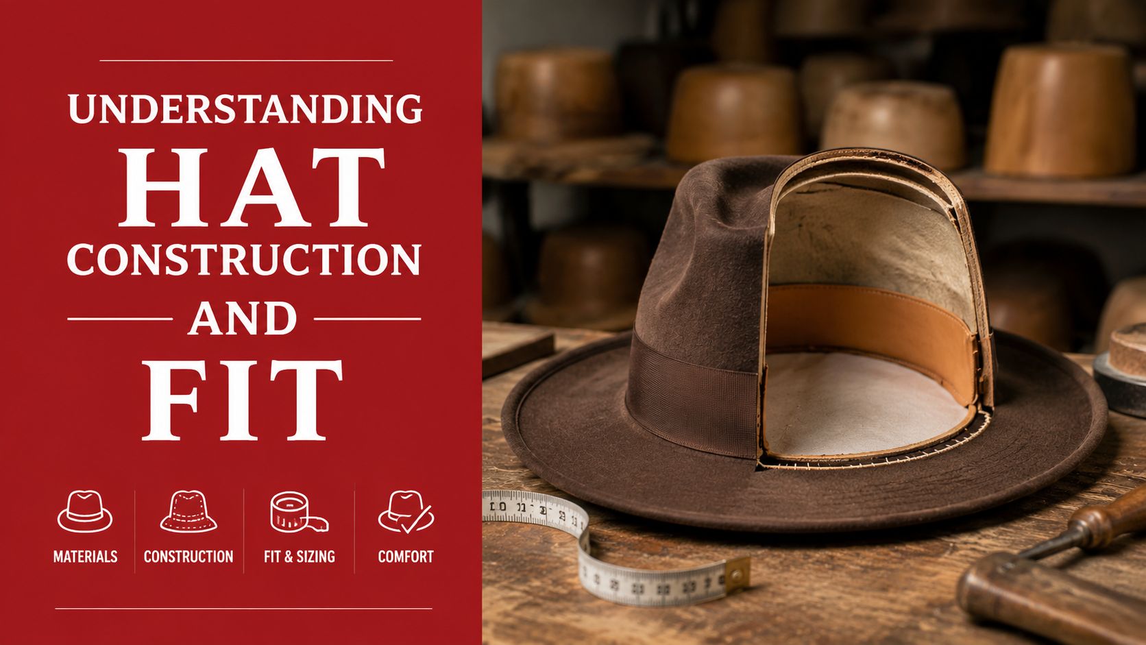 A brown fedora hat cut in half sits on a workbench next to a measuring tape.