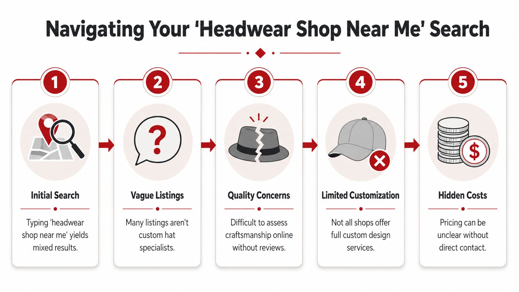 An infographic detailing five common challenges encountered when searching for a headwear shop near me online.