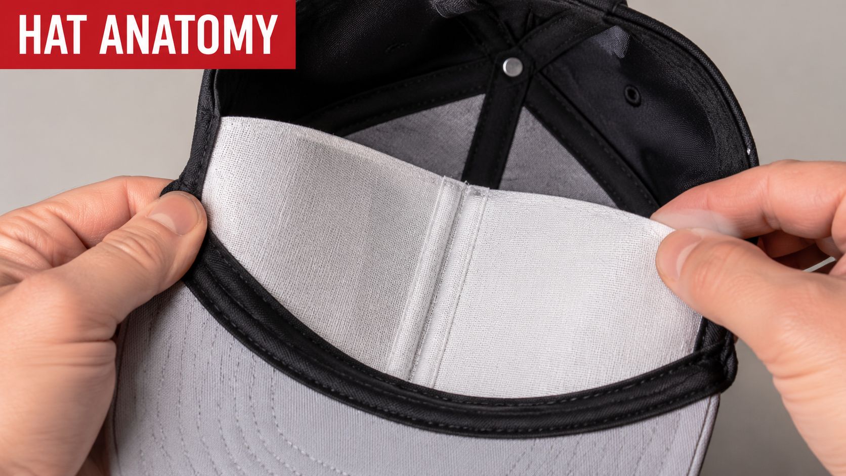 A close-up view of the interior front panels and stiffening buckram lining of a baseball cap.