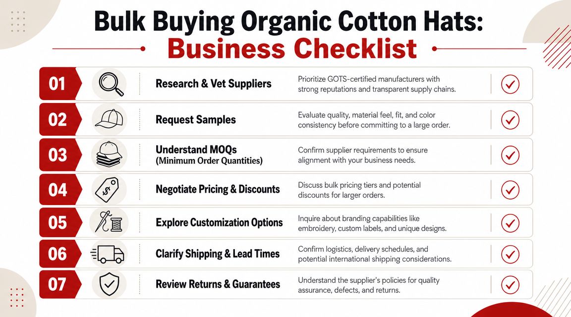 A business checklist infographic for bulk buying organic cotton hats, outlining seven essential steps for sourcing.