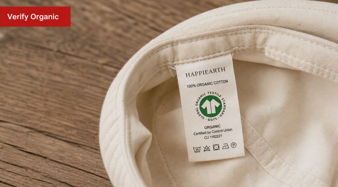 Close-up of an off-white cotton hat interior with a label showing Global Organic Textile Standard certification.