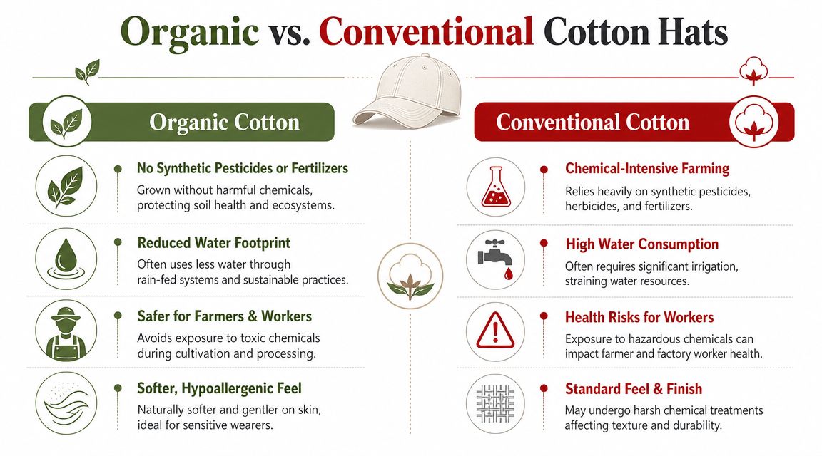 An infographic comparing the environmental and health benefits of organic cotton hats versus conventional cotton hats.