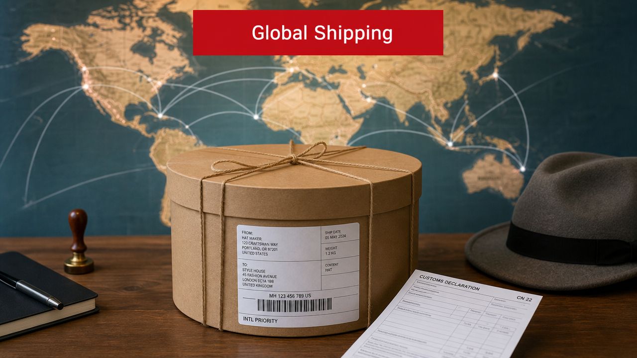 A cylindrical cardboard shipping box sits on a wooden desk in front of a global map.