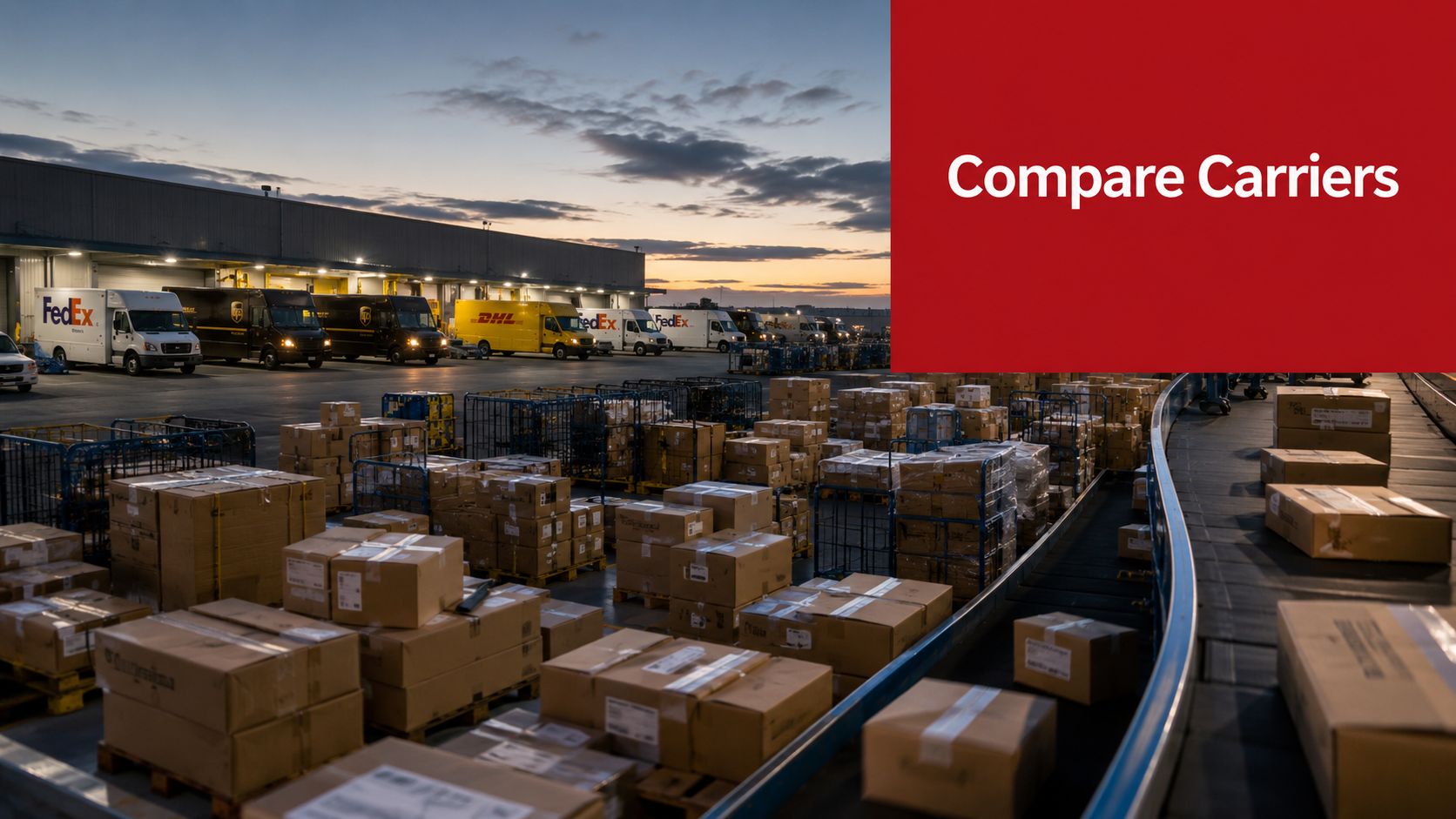 A logistics distribution center with parked delivery trucks and cardboard packages on a conveyor belt at sunset.