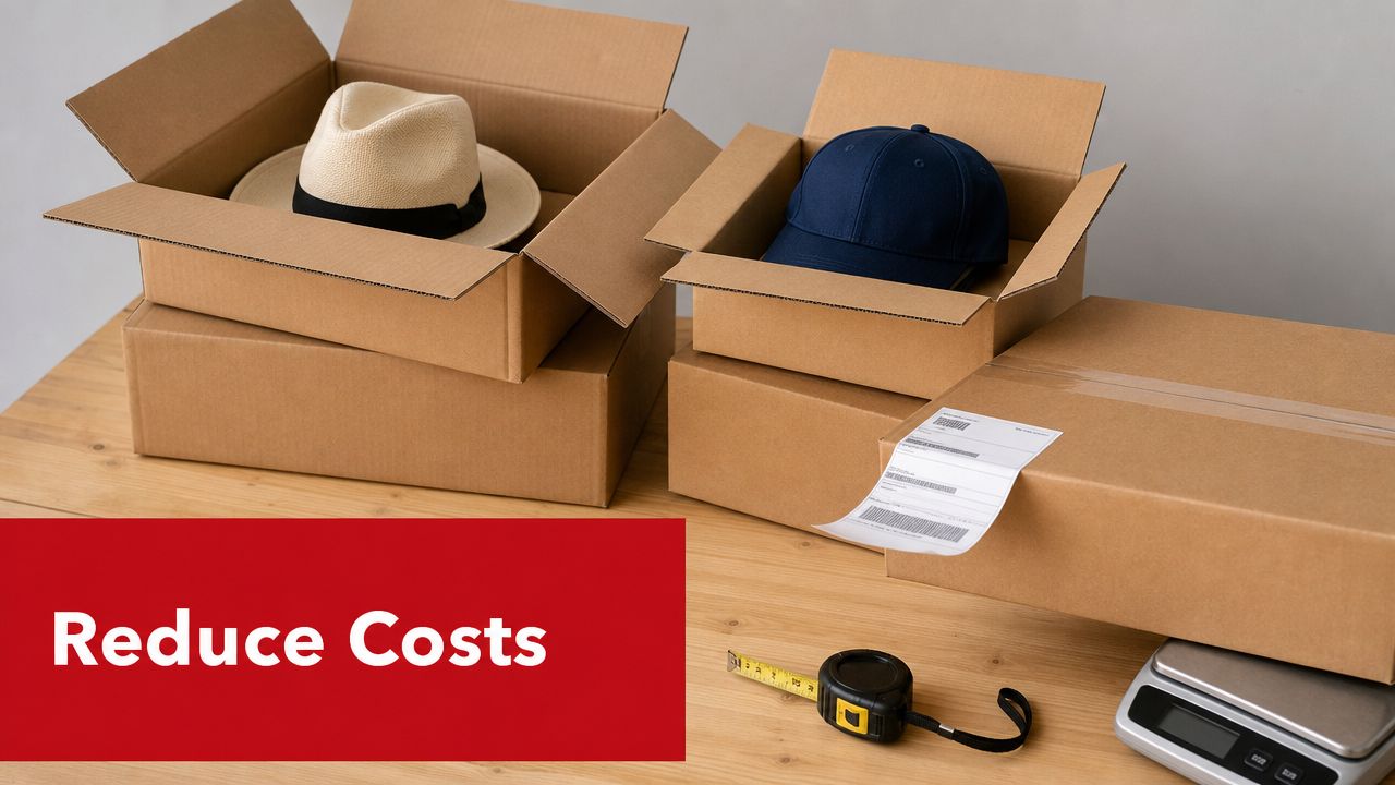 Cardboard shipping boxes on a table with a tape measure, scale, and hats for shipping cost estimation.