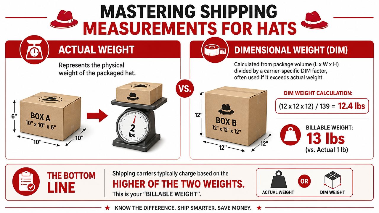 An infographic explaining how to calculate actual weight and dimensional weight for shipping hats.