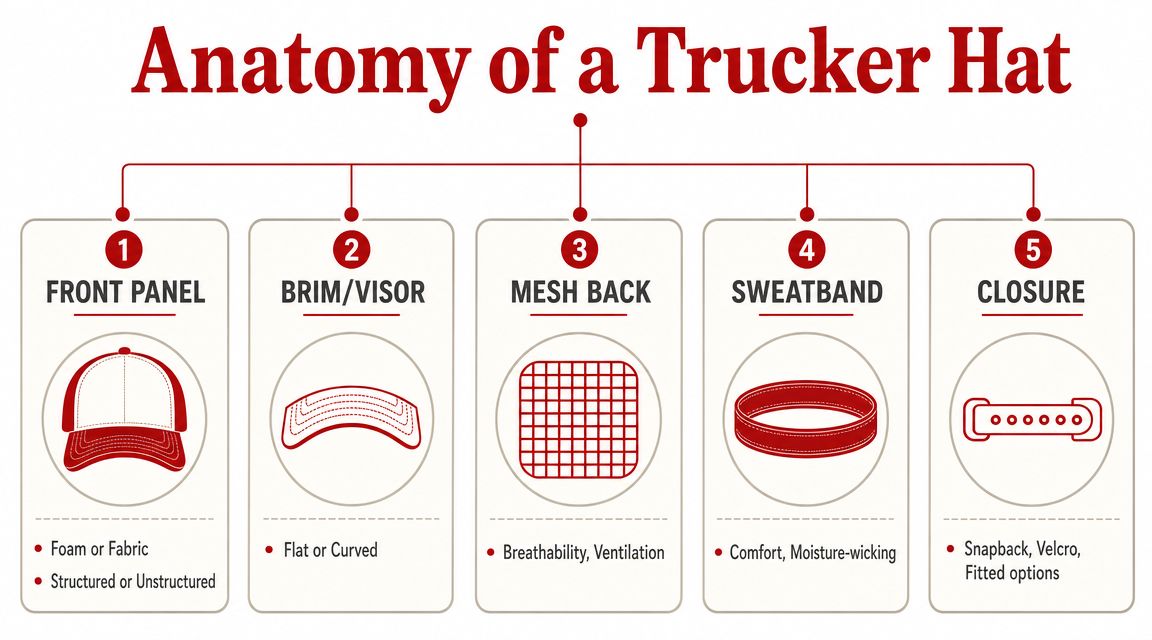 An infographic diagram illustrating the five key anatomical components of a trucker hat style cap.