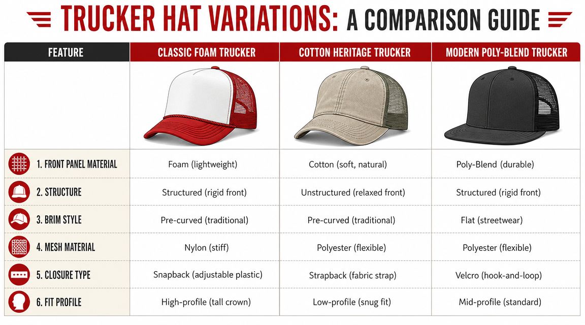 A comparison table illustrating the key differences between classic, cotton heritage, and modern poly-blend trucker hats.