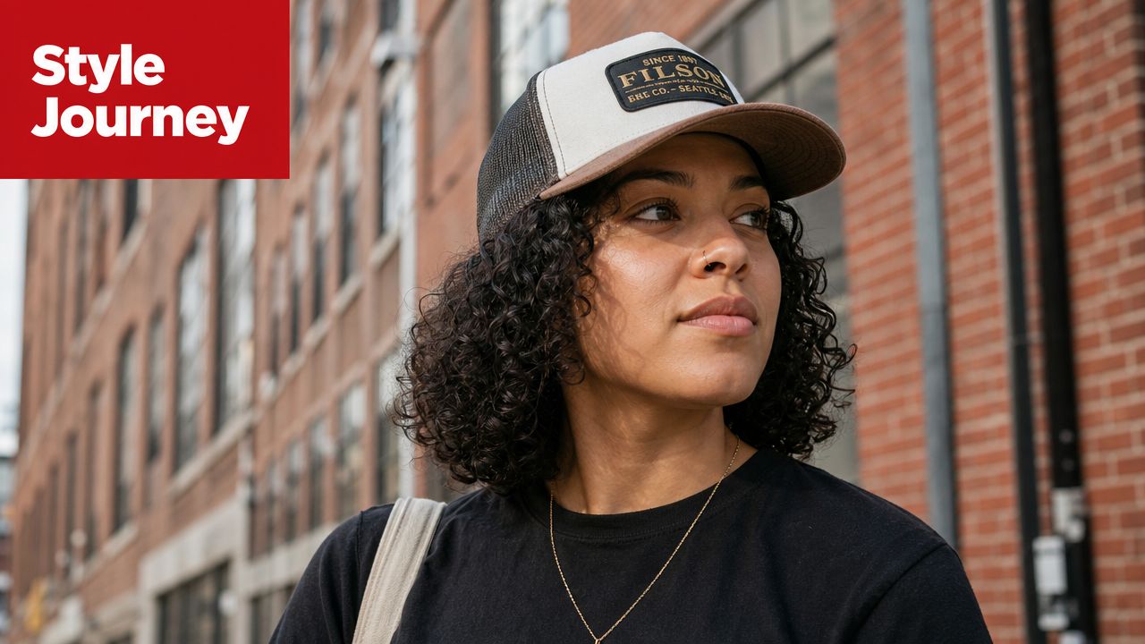 A woman with curly hair wearing a Filson trucker hat outdoors in front of a brick building.