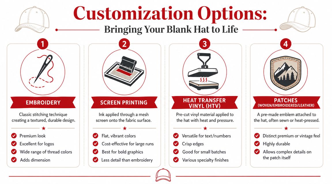 An infographic showing four common methods for customizing blank hats: embroidery, screen printing, heat transfer, and patches.
