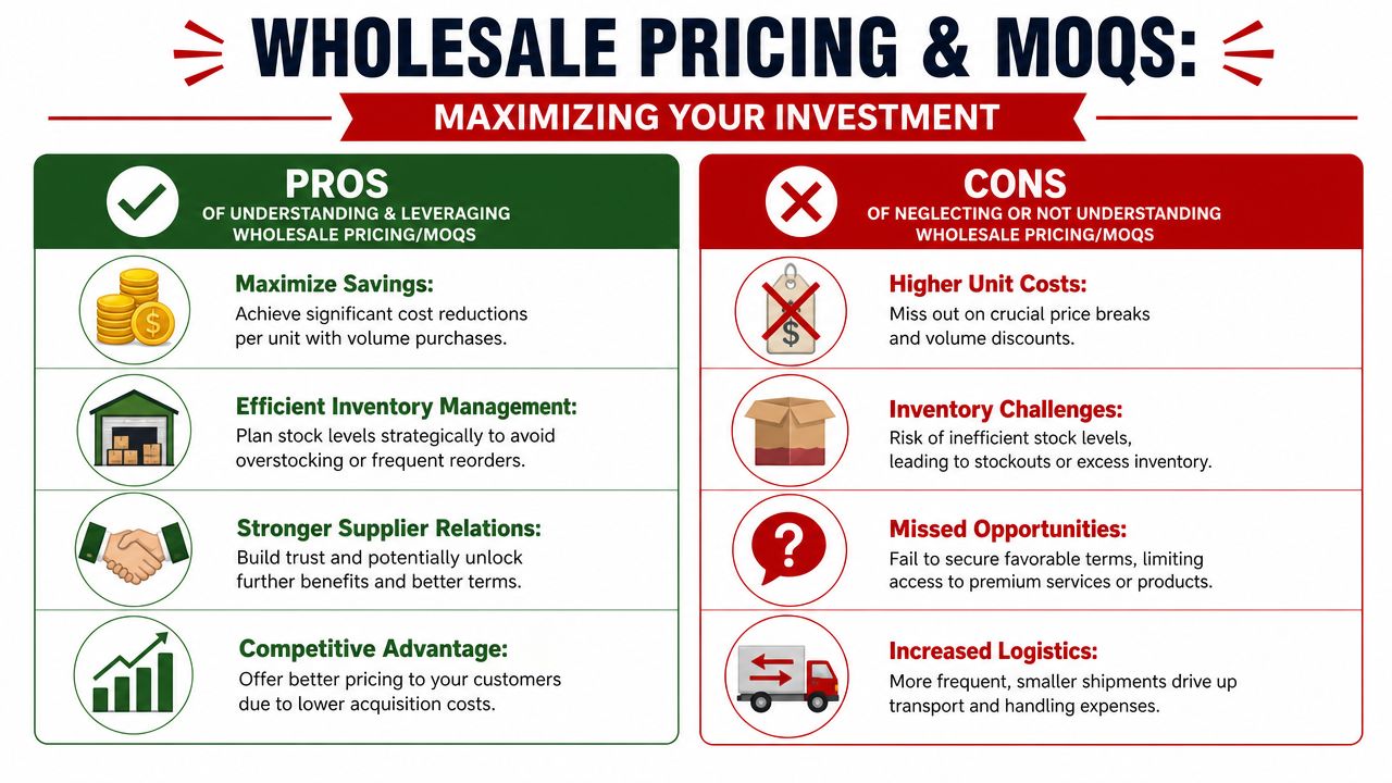 A comparison chart showing the benefits and drawbacks of understanding wholesale pricing and minimum order quantities.