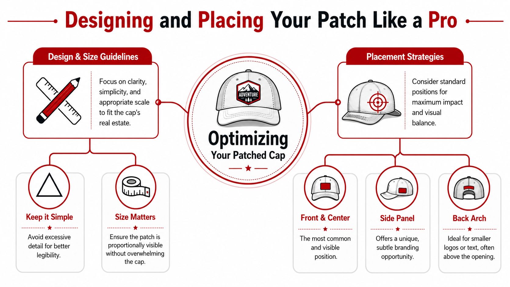 An infographic showing guidelines for designing and placing custom patches on baseball caps for professional branding.