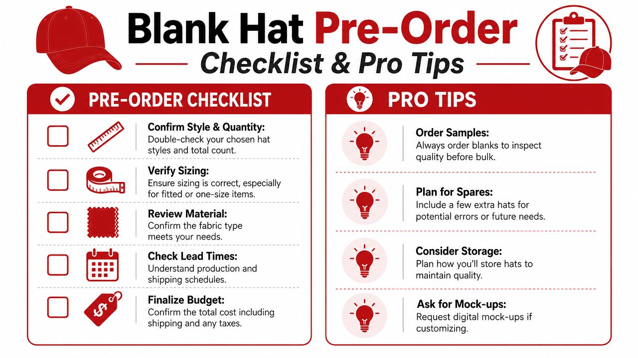 A helpful infographic outlining a pre-order checklist and professional tips for purchasing blank hats in bulk.