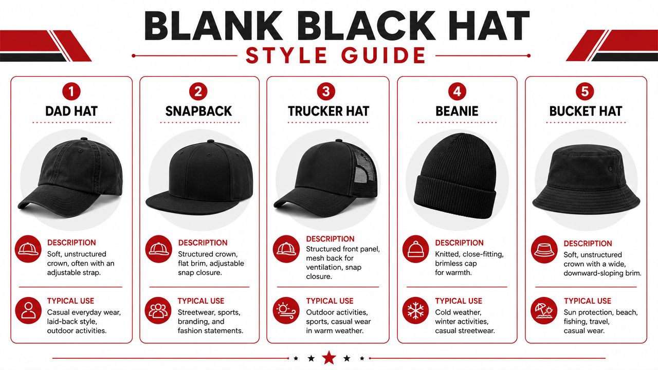 A style guide chart illustrating five common types of blank black hats including dad hats, snapbacks, and beanies.