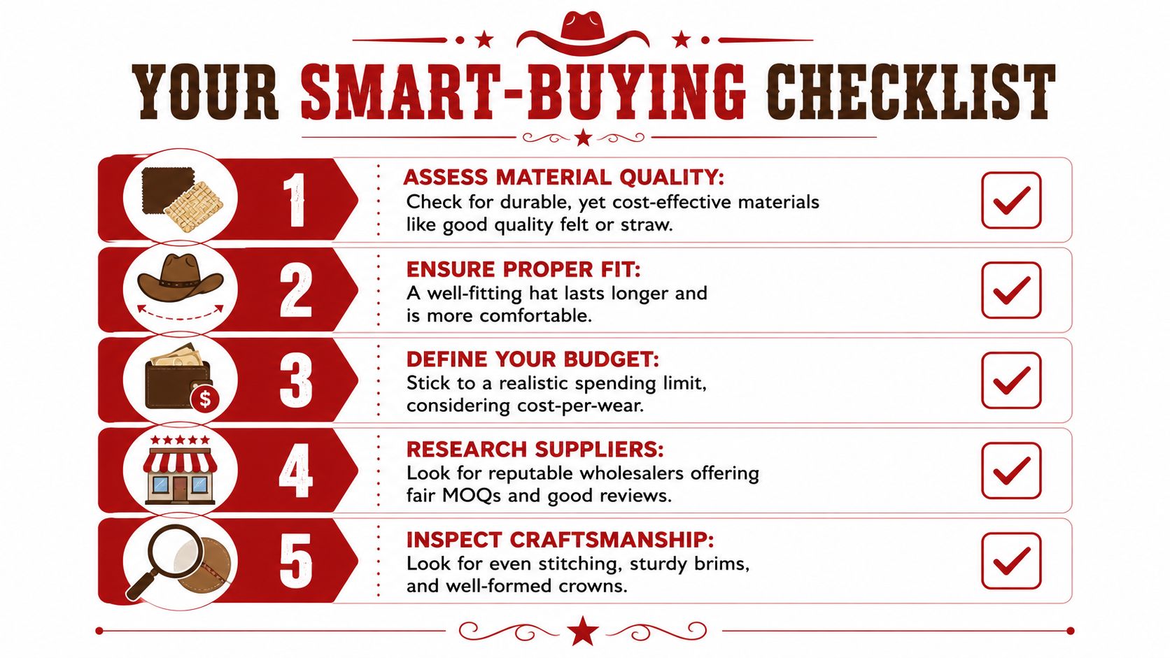 A five-step infographic guide for making smart buying decisions when purchasing quality cowboy hats.