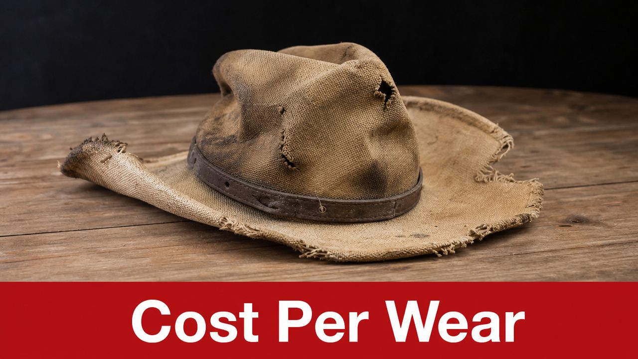 A tattered and worn cowboy hat sitting on a rustic wooden table under the text Cost Per Wear.
