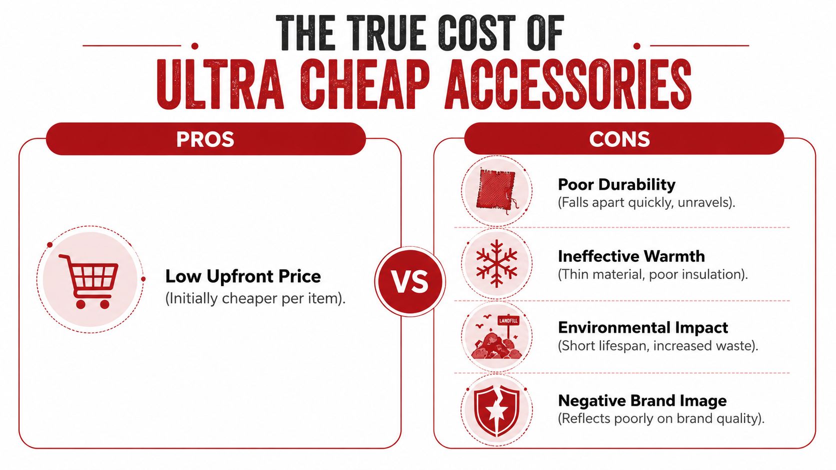 An infographic comparing the pros and cons of purchasing ultra cheap fashion accessories like hats or scarves.