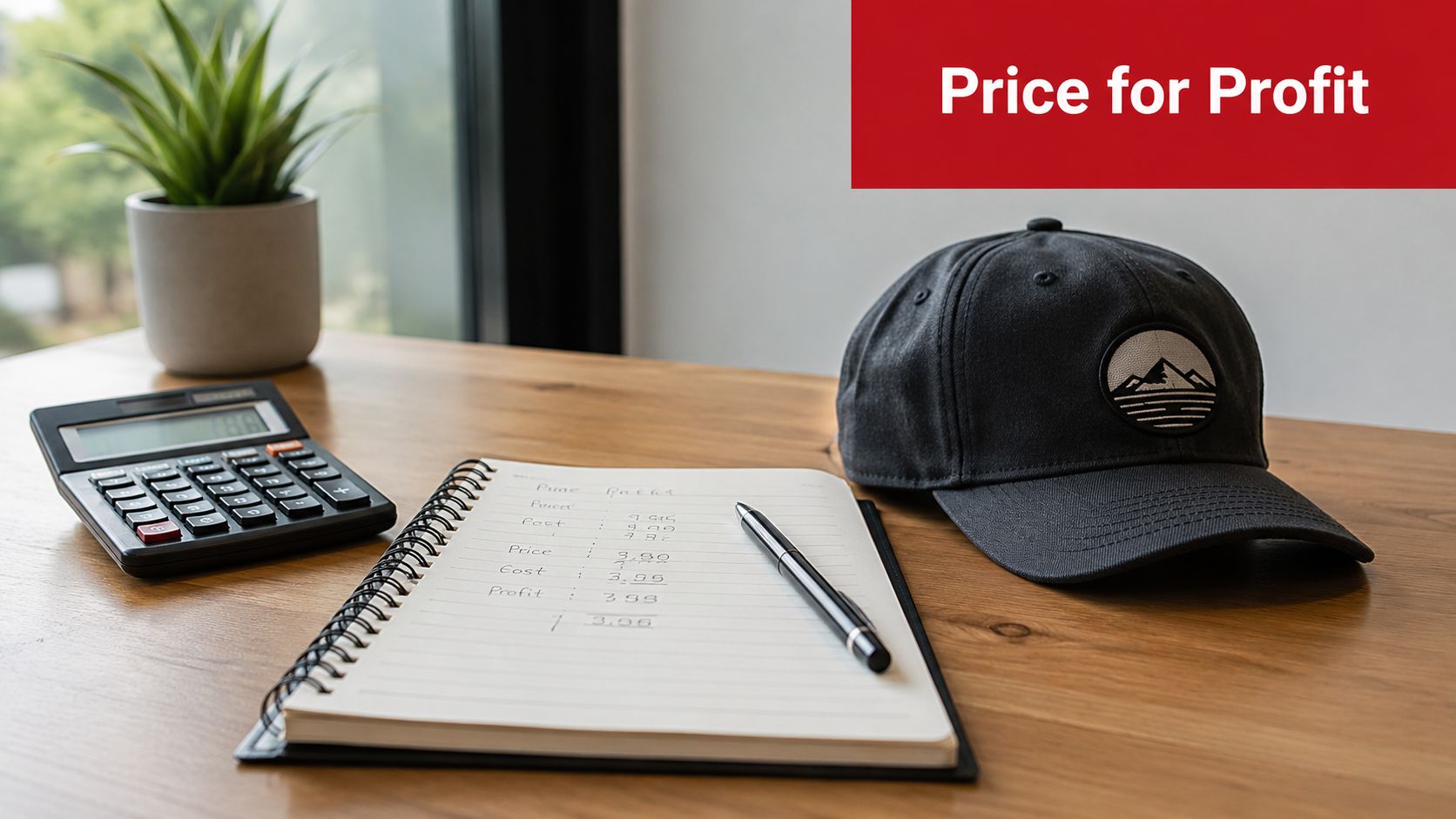 A calculator, notebook with handwritten profit calculations, a pen, and a baseball cap on a wooden desk.
