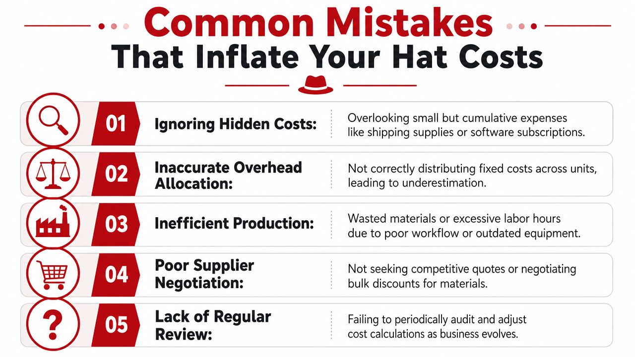A list of five common business mistakes that inflate production costs for manufacturing hats.