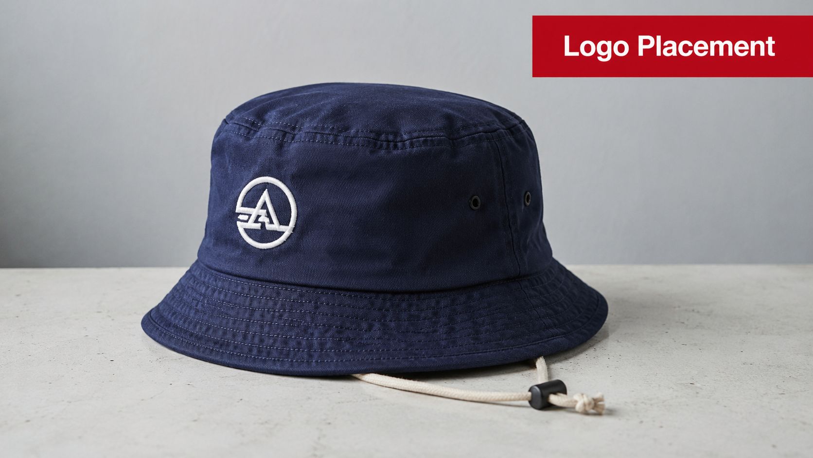 A navy blue bucket hat with a white logo placed on a neutral concrete surface.