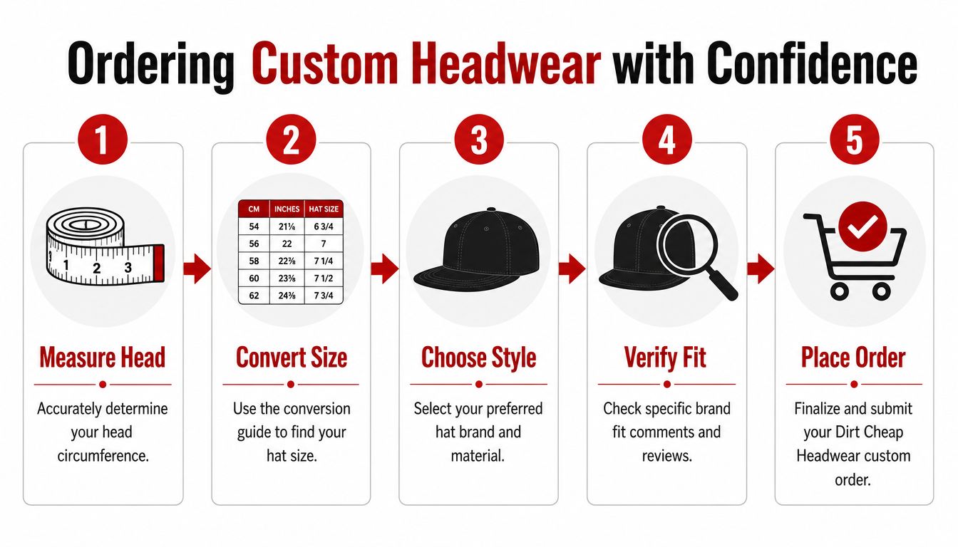 A step-by-step infographic showing how to measure, convert sizes, and order custom fitted hats online.