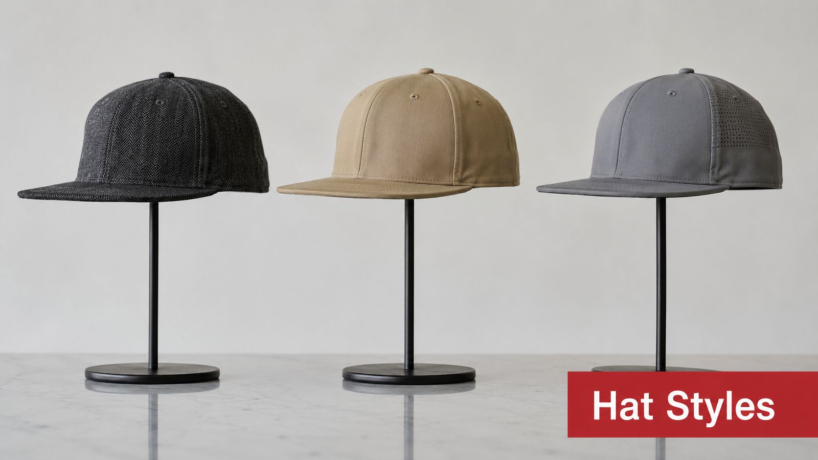 Three different styles of modern hats displayed on black metal stands against a neutral background.