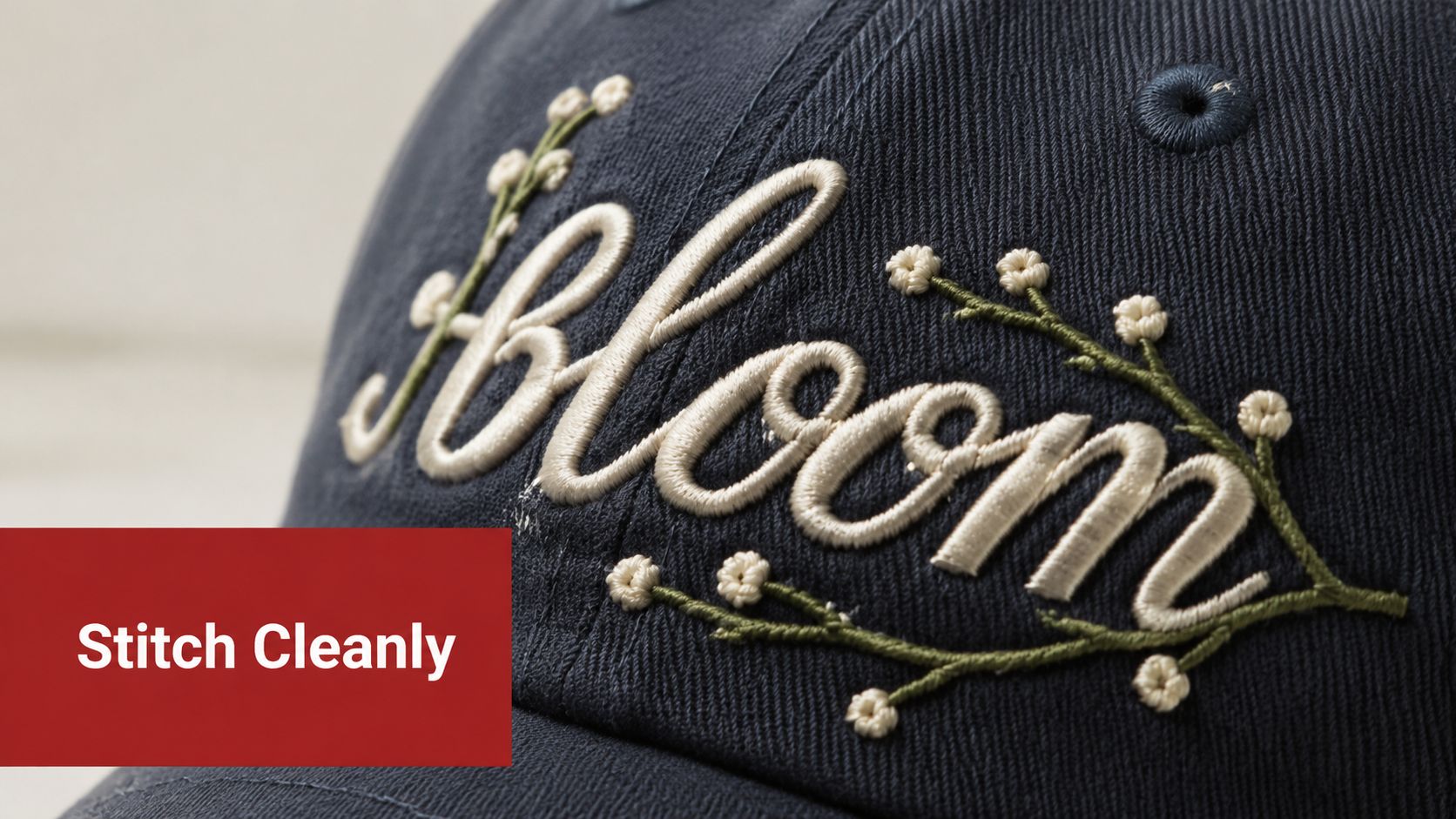 Close up of navy blue cap with detailed 'Bloom' text and floral embroidery stitched by hand