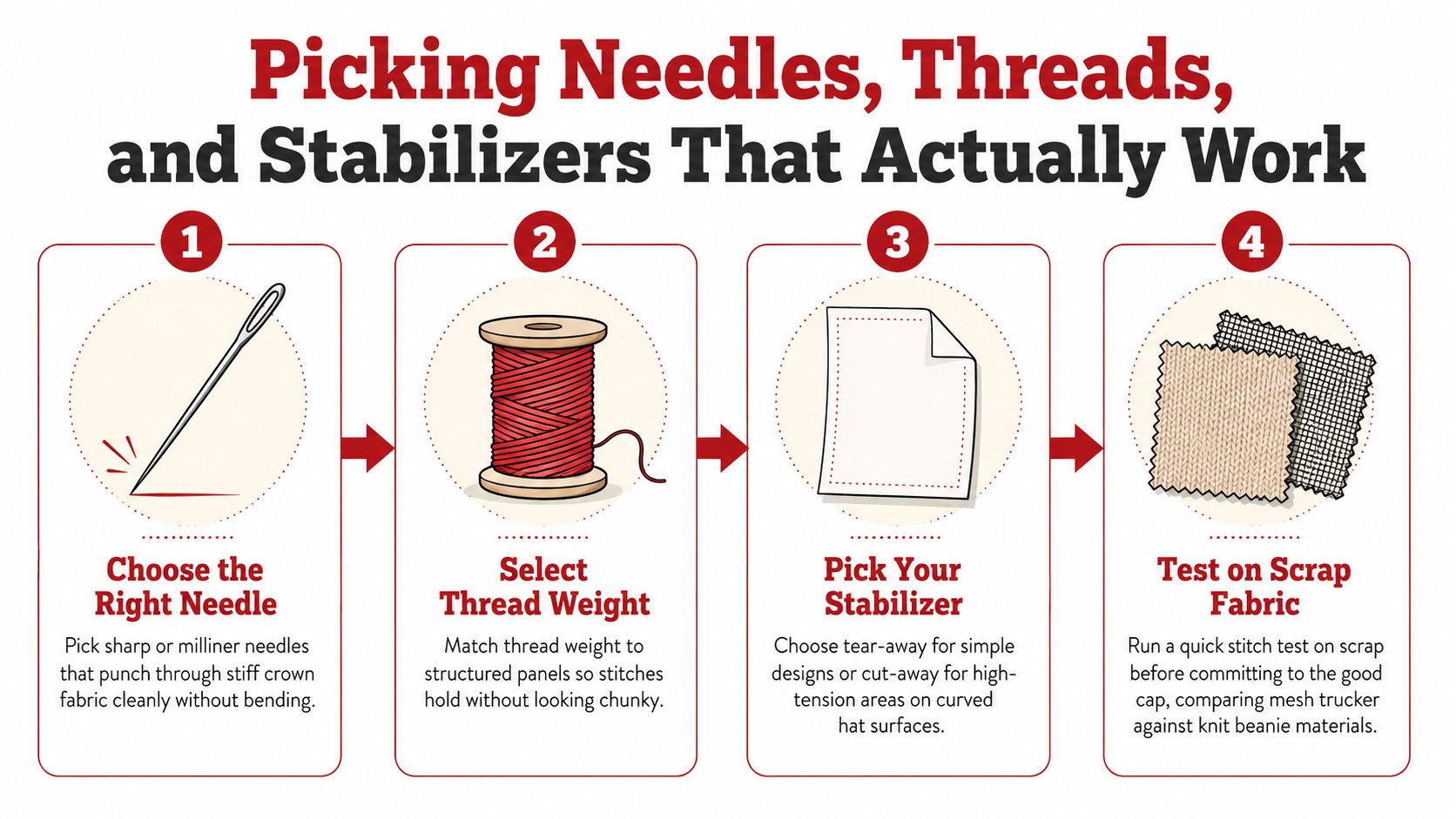 An infographic showing four steps for choosing needles, threads, and stabilizers for custom hat embroidery.