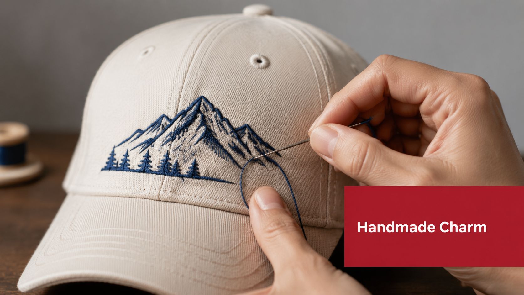 A close-up view of a hand carefully embroidering a mountain design onto a beige baseball cap.