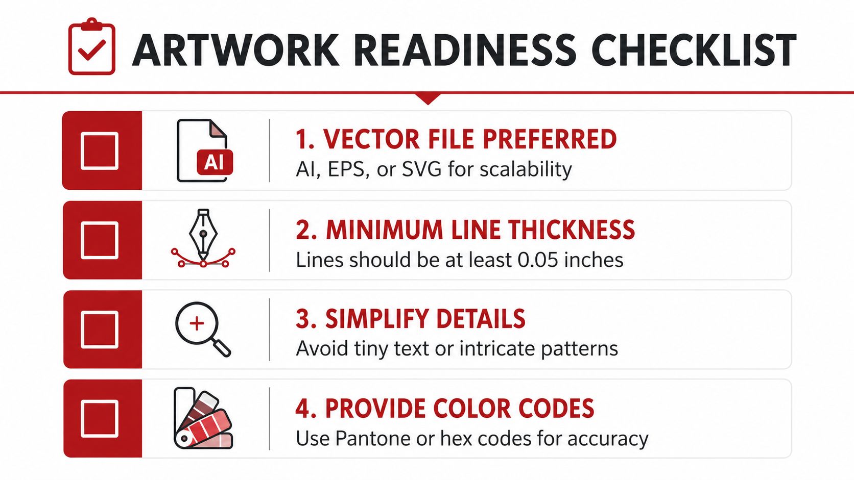 A red and white infographic titled Artwork Readiness Checklist detailing requirements for vector files, line thickness, details, and colors.