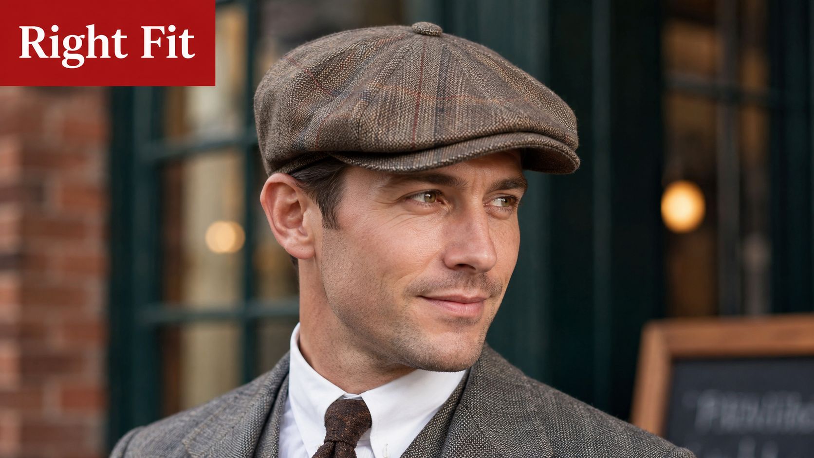 A man wearing a tweed flat cap as part of a vintage-style suit.