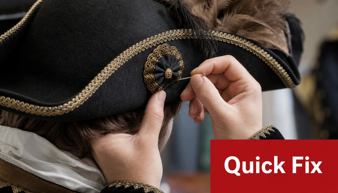 A close-up view of a person using a sewing pin to adjust a decorative emblem on a historic tricorn hat.