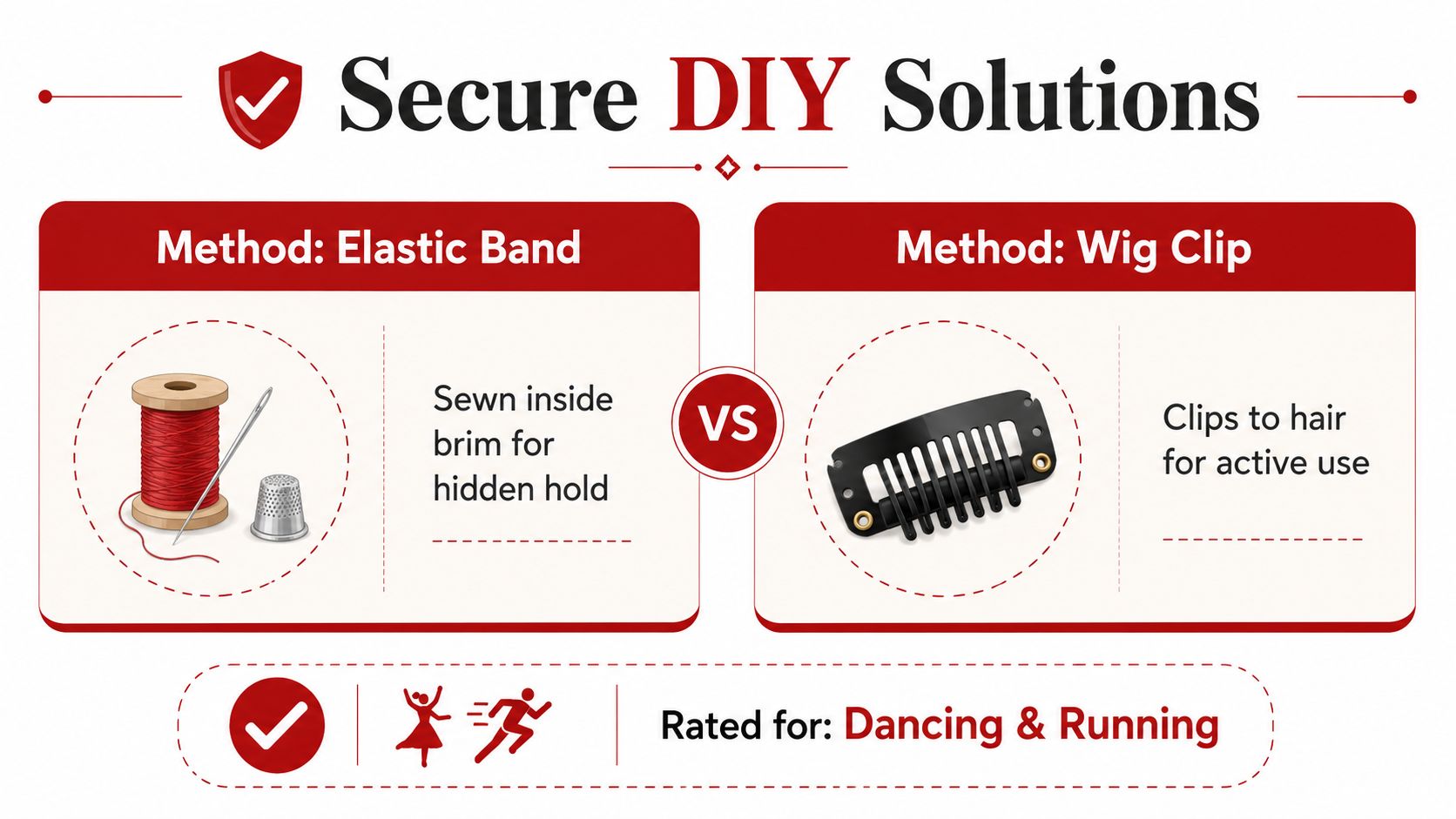 A DIY guide showing two methods, elastic bands and wig clips, to secure a costume hat.
