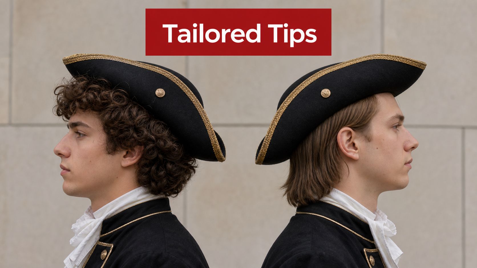 Two men wearing historical tricorn hats and costumes standing back to back against a stone wall.