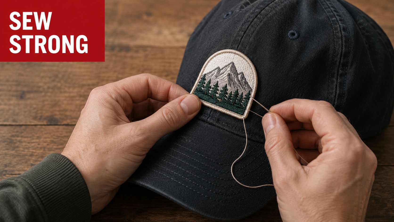 A pair of hands carefully hand-sewing an embroidered mountain landscape patch onto a black baseball cap.
