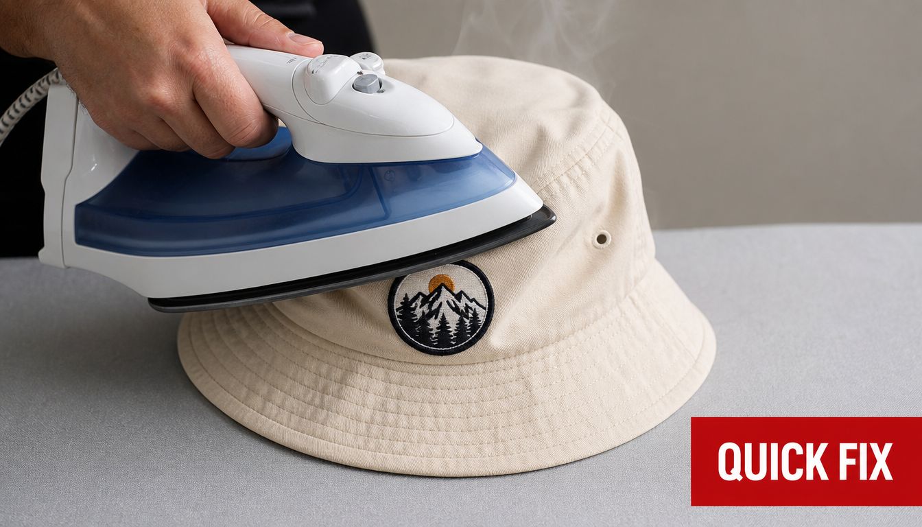 A person using a steam iron to heat-press a circular mountain-themed patch onto a beige bucket hat.