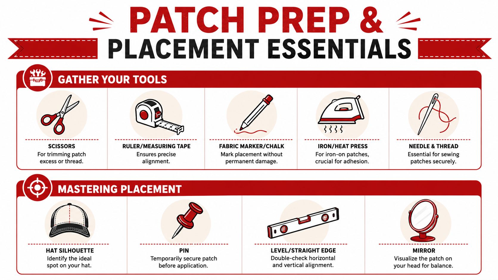An infographic titled Patch Prep & Placement Essentials displaying necessary tools and techniques for attaching patches to hats.